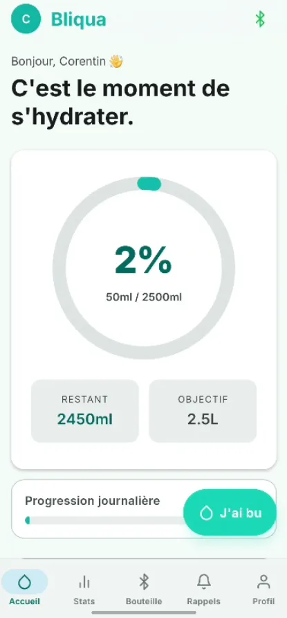 Écran d’accueil de l’app Bliqua : pourcentage de l’objectif du jour atteint, eau restant à boire et objectif