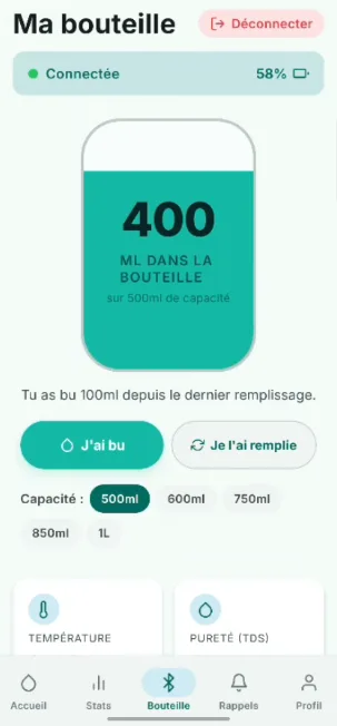 Écran « Ma bouteille » : bouteille connectée, niveau d’eau, boutons « J’ai bu » et « Je l’ai remplie », choix de la capacité