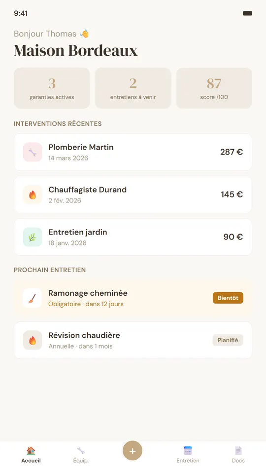 Écran d’accueil de MaMaison : garanties actives, entretiens à venir, interventions récentes et prochain entretien