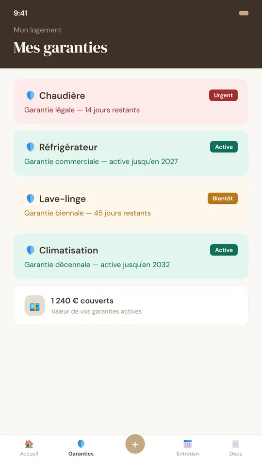 Écran des garanties : chaque équipement avec son type de garantie et le temps restant