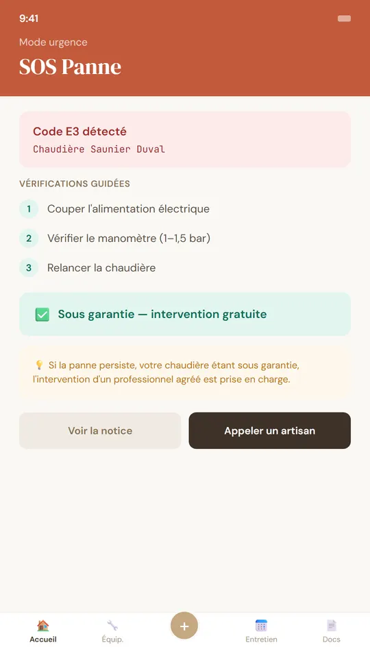 Écran SOS panne : code d’erreur de la chaudière, vérifications guidées et rappel de la garantie